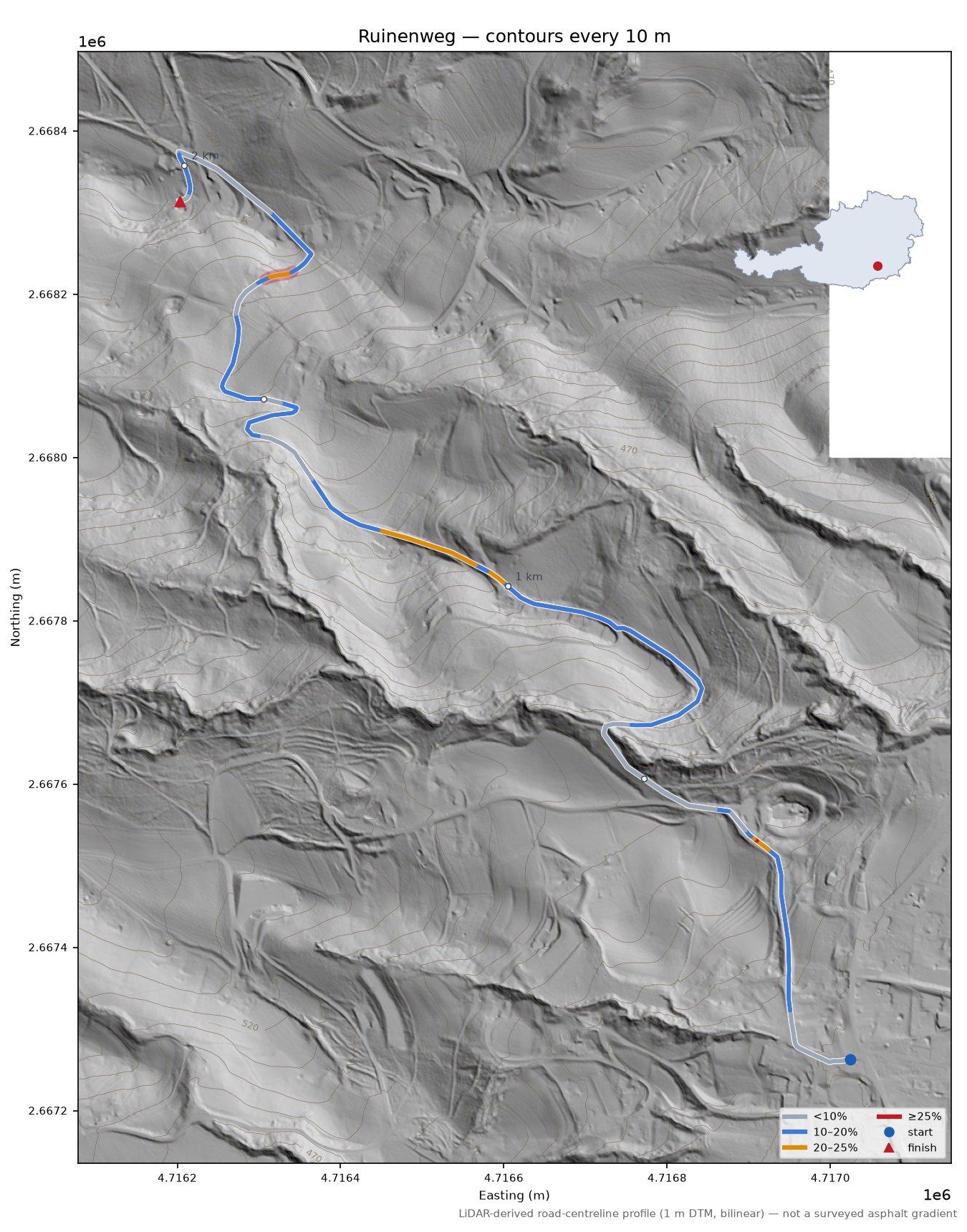 Ruinenweg LiDAR hillshade map with contours
