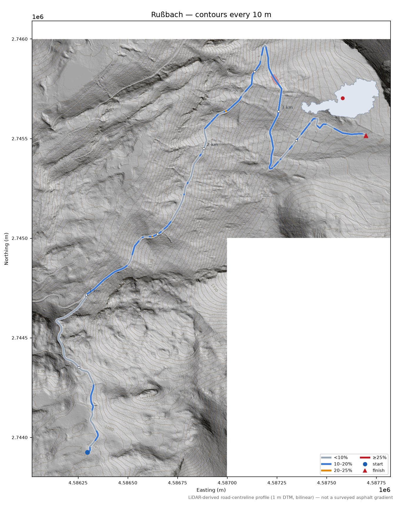 Rußbach LiDAR hillshade map with contours