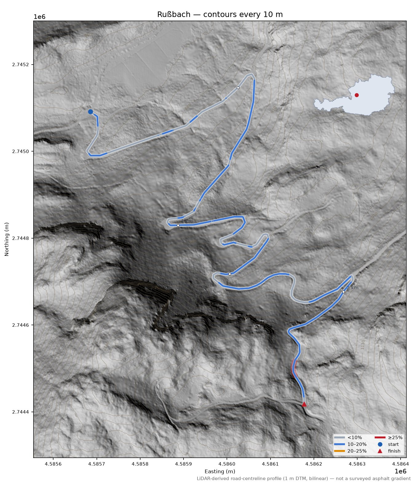 Rußbach LiDAR hillshade map with contours