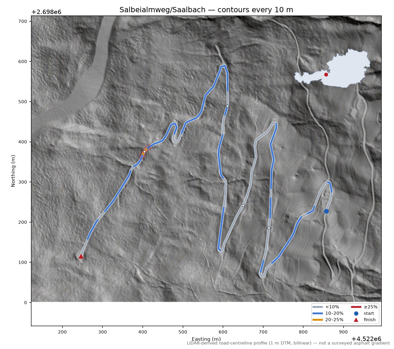 Salbeialmweg/Saalbach LiDAR hillshade map with contours