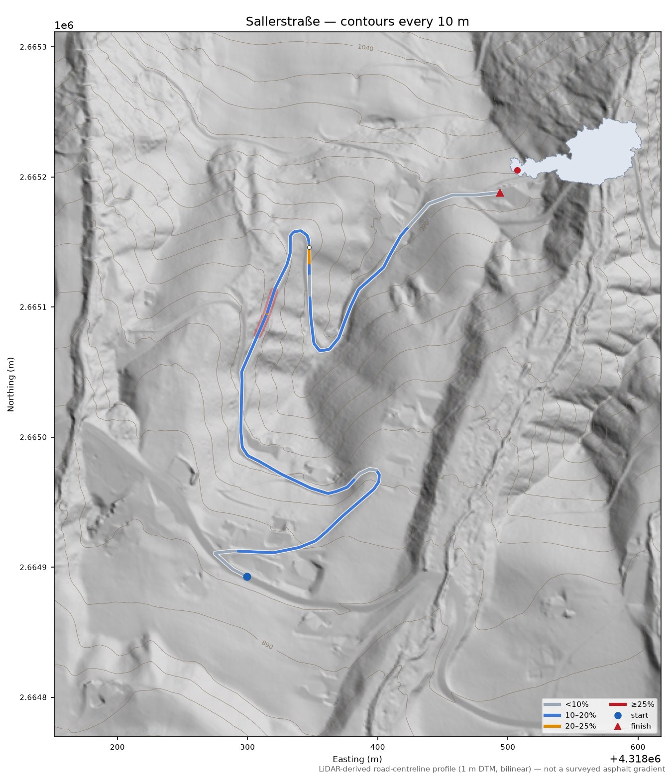 Sallerstraße LiDAR hillshade map with contours