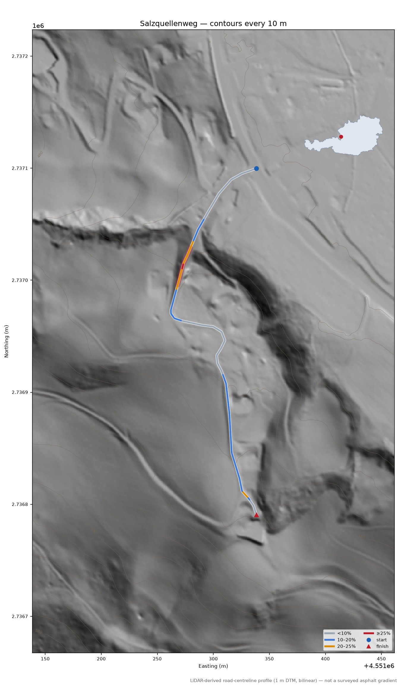 Salzquellenweg LiDAR hillshade map with contours