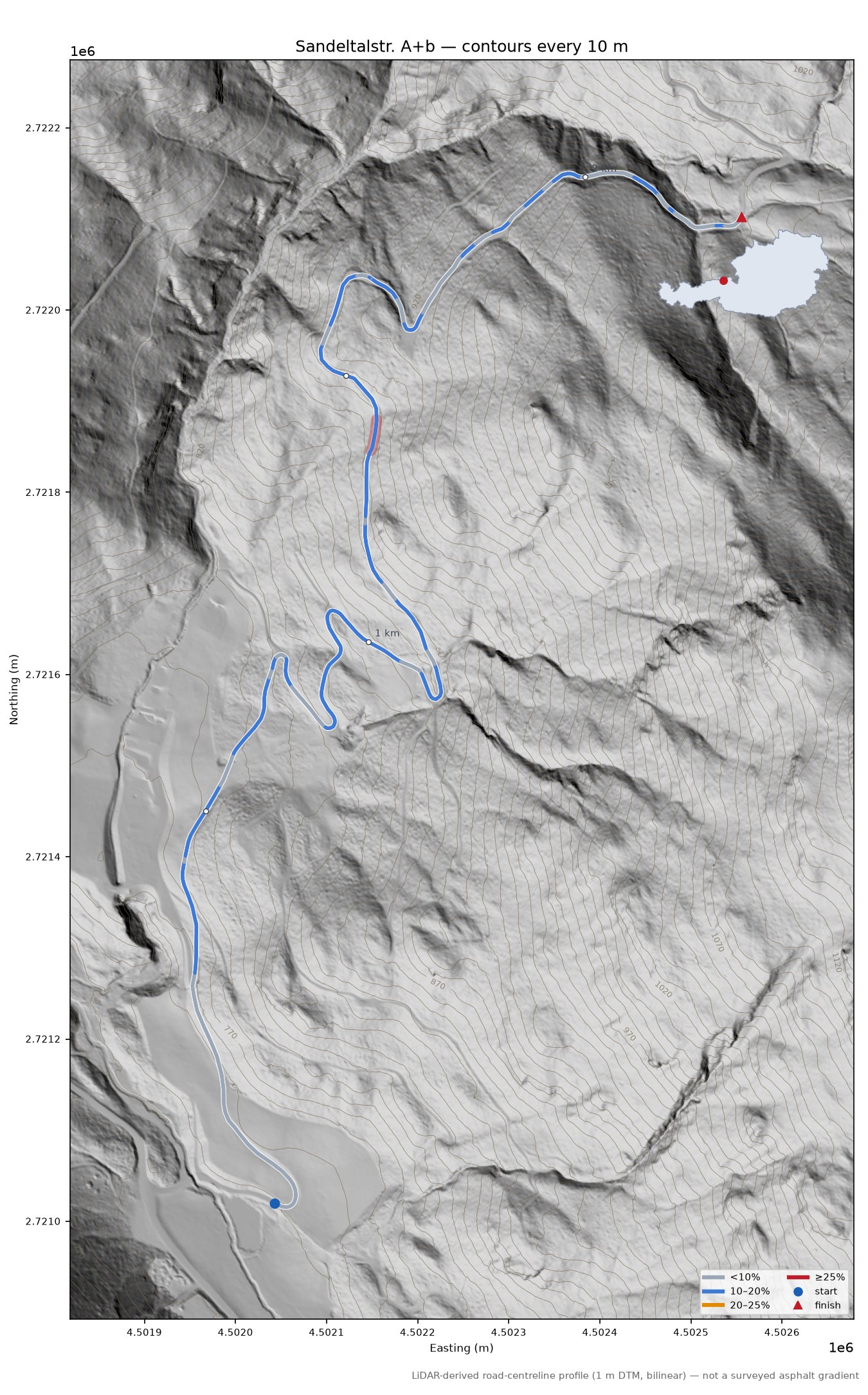 Sandeltalstr. A+b LiDAR hillshade map with contours