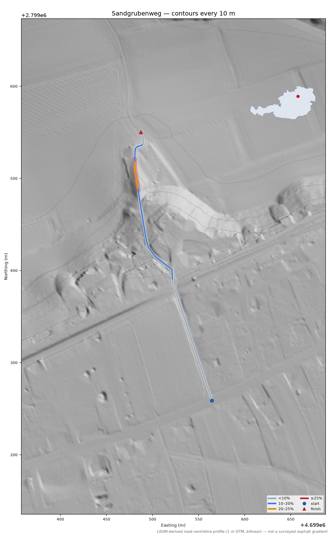 Sandgrubenweg LiDAR hillshade map with contours