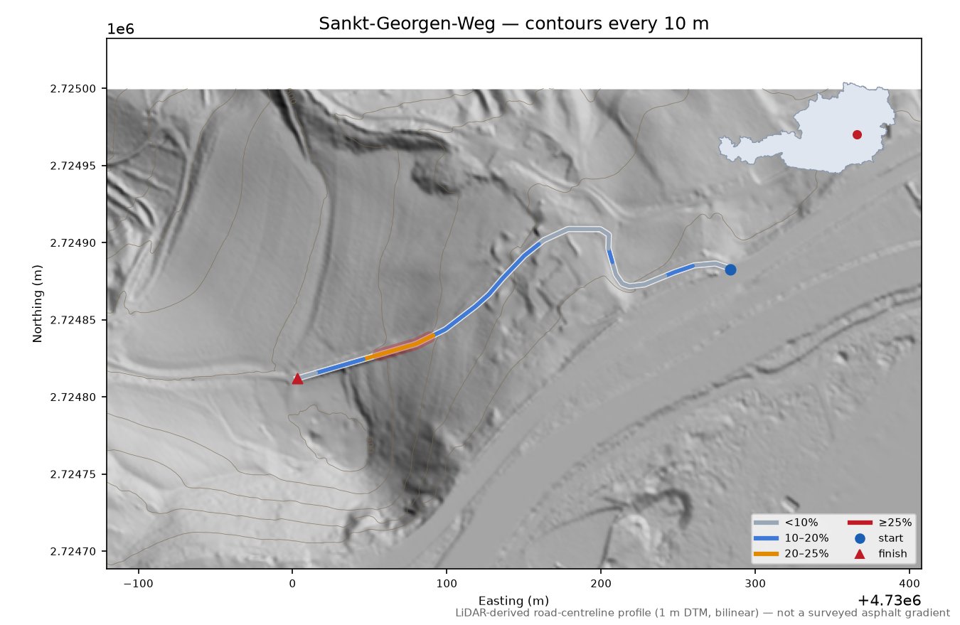 Sankt-Georgen-Weg LiDAR hillshade map with contours