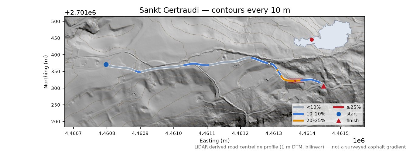Sankt Gertraudi LiDAR hillshade map with contours