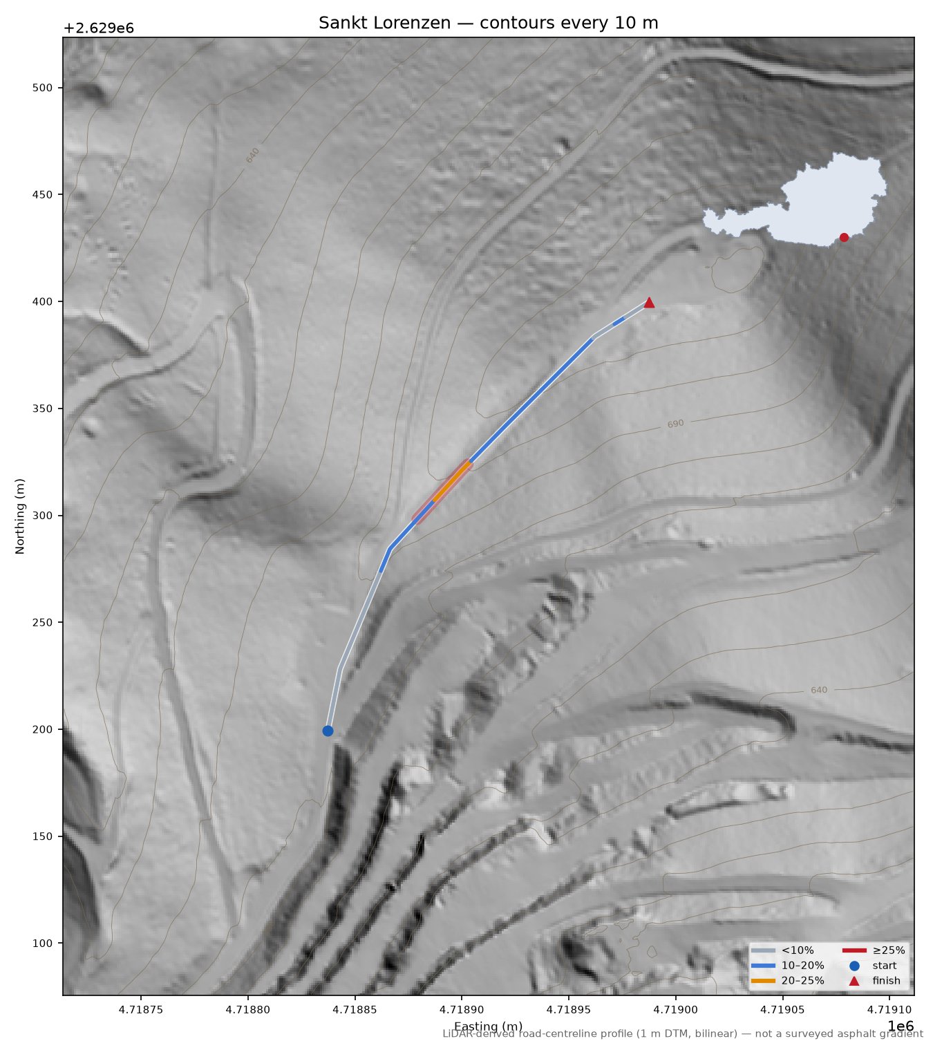 Sankt Lorenzen LiDAR hillshade map with contours