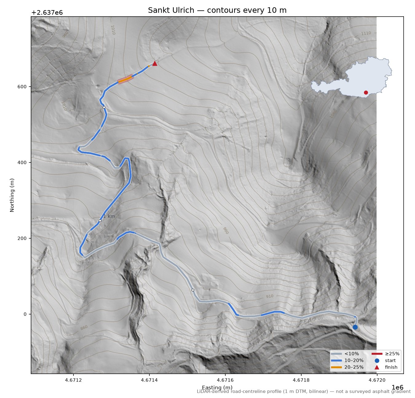 Sankt Ulrich LiDAR hillshade map with contours