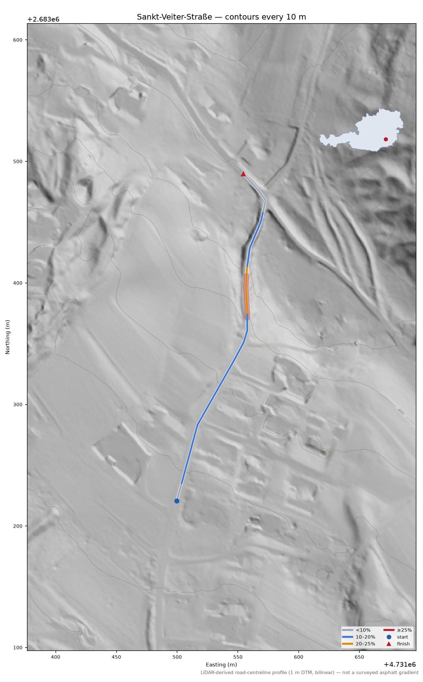 Sankt-Veiter-Straße LiDAR hillshade map with contours