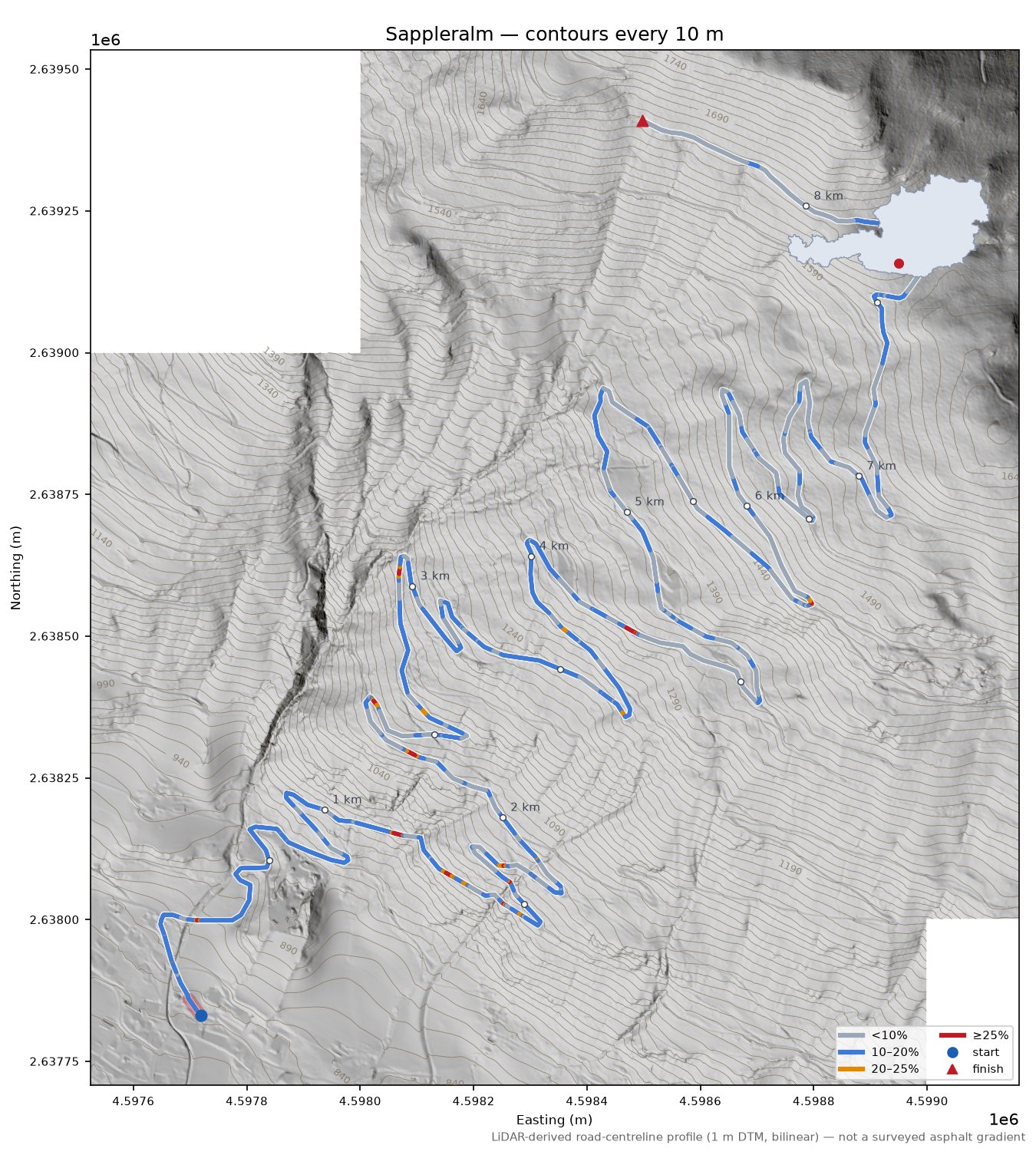 Sappleralm LiDAR hillshade map with contours