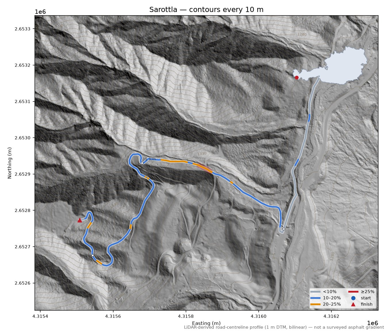Sarottla LiDAR hillshade map with contours
