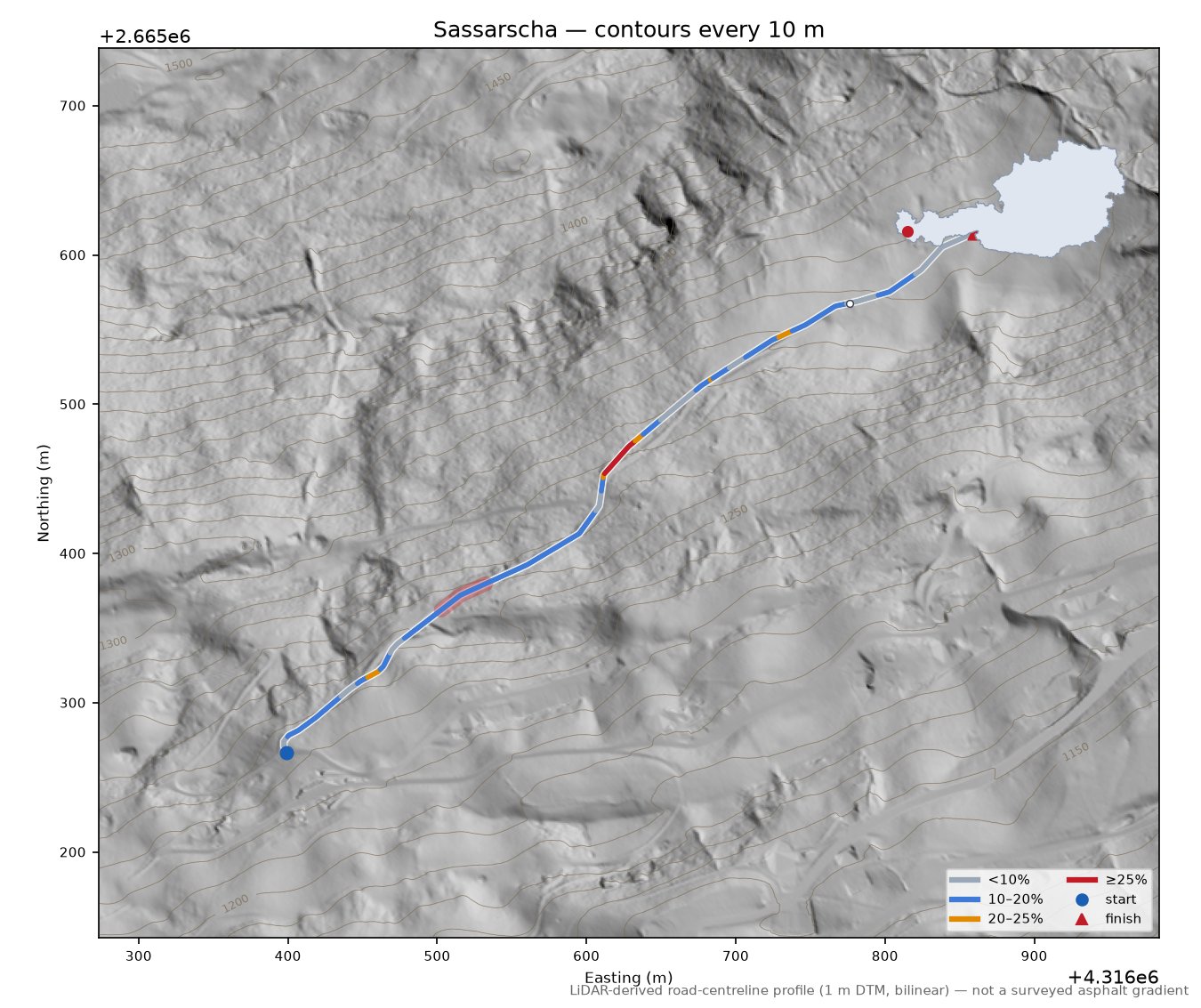 Sassarscha LiDAR hillshade map with contours