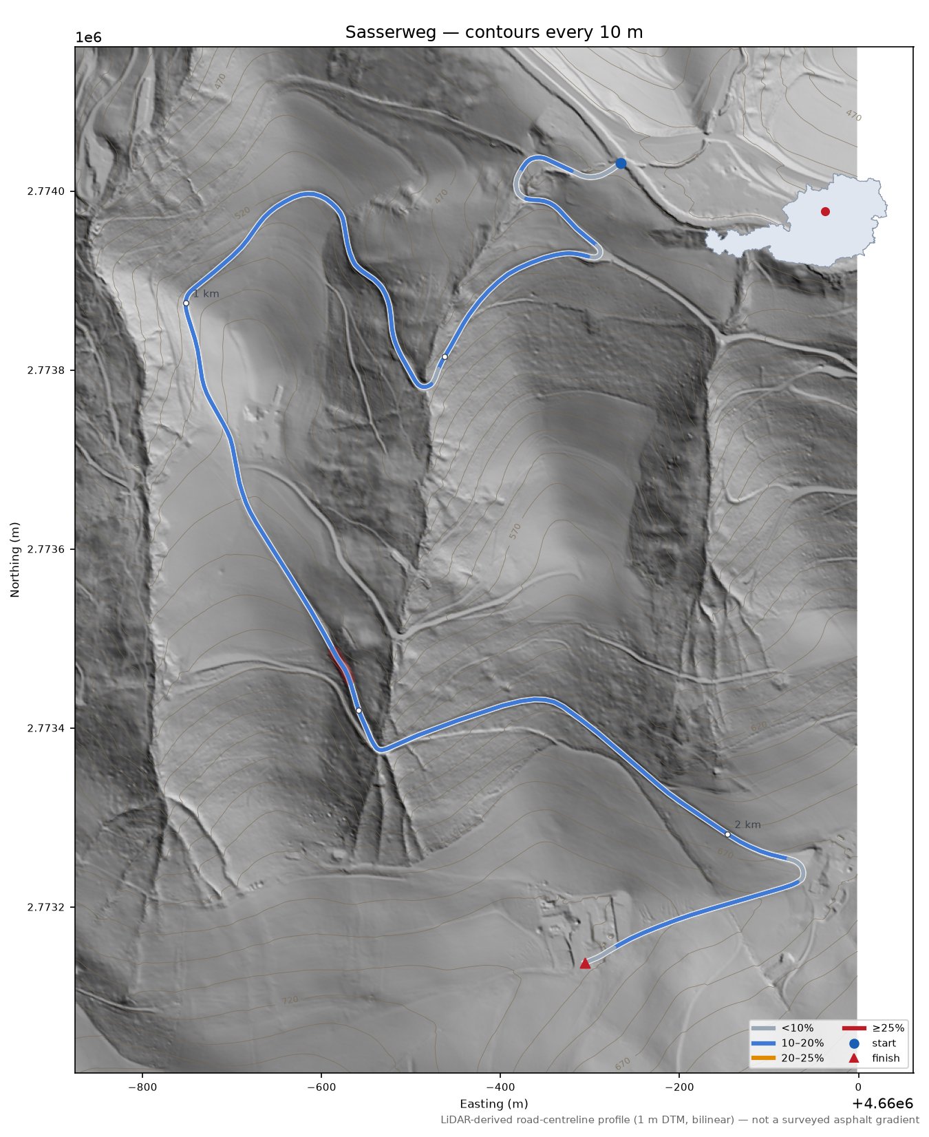 Sasserweg LiDAR hillshade map with contours
