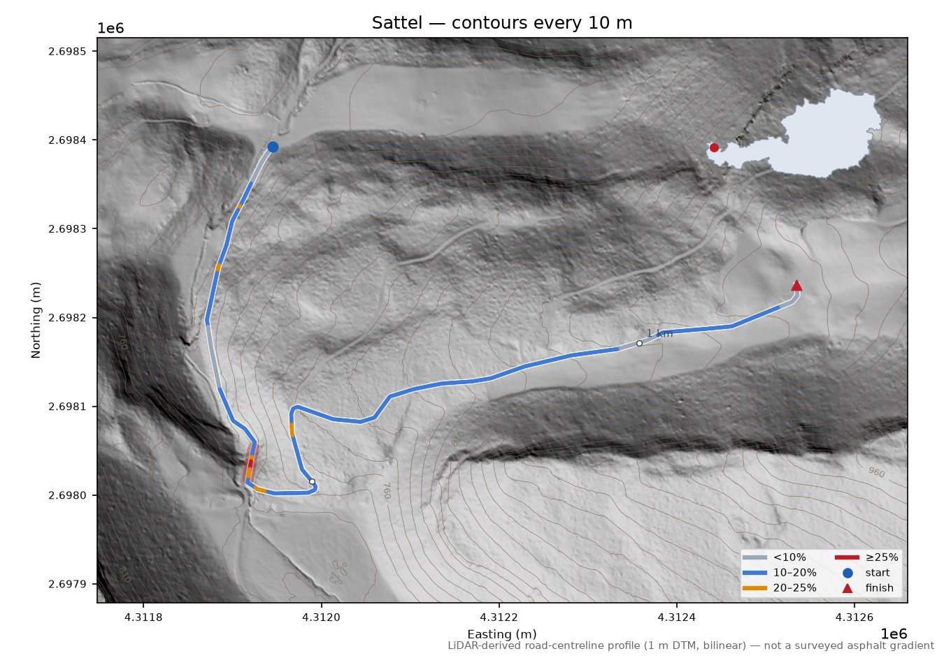 Sattel LiDAR hillshade map with contours