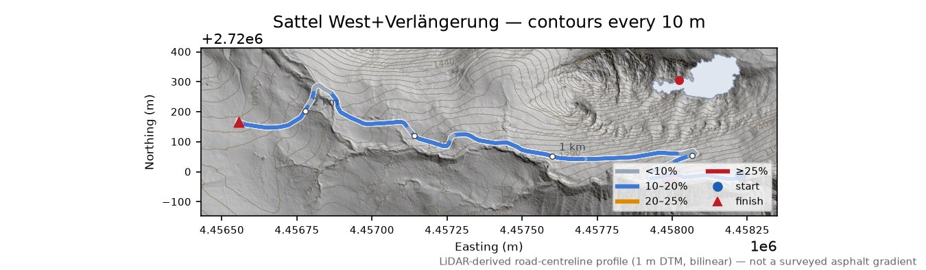Sattel West+Verlängerung LiDAR hillshade map with contours