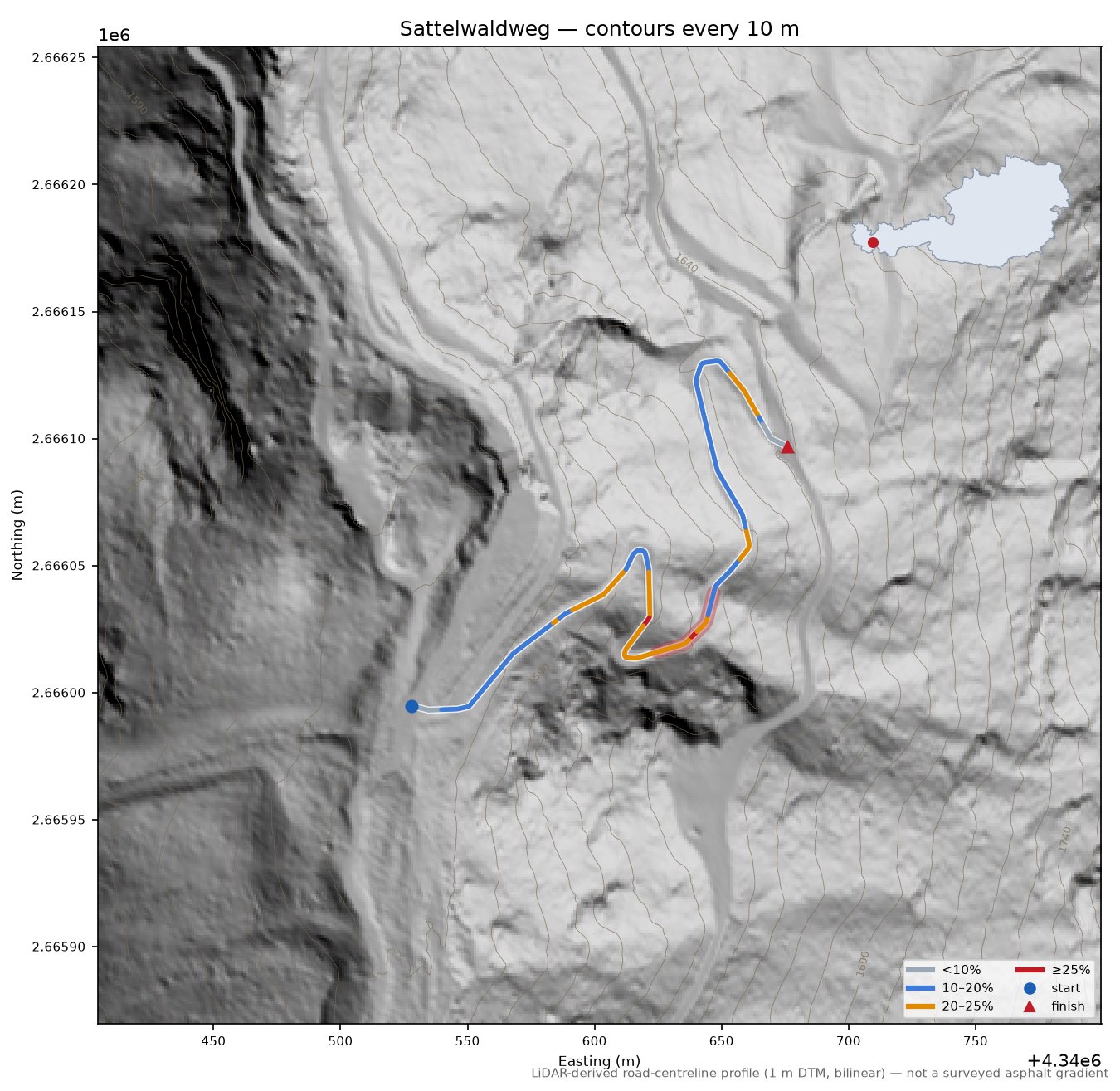 Sattelwaldweg LiDAR hillshade map with contours