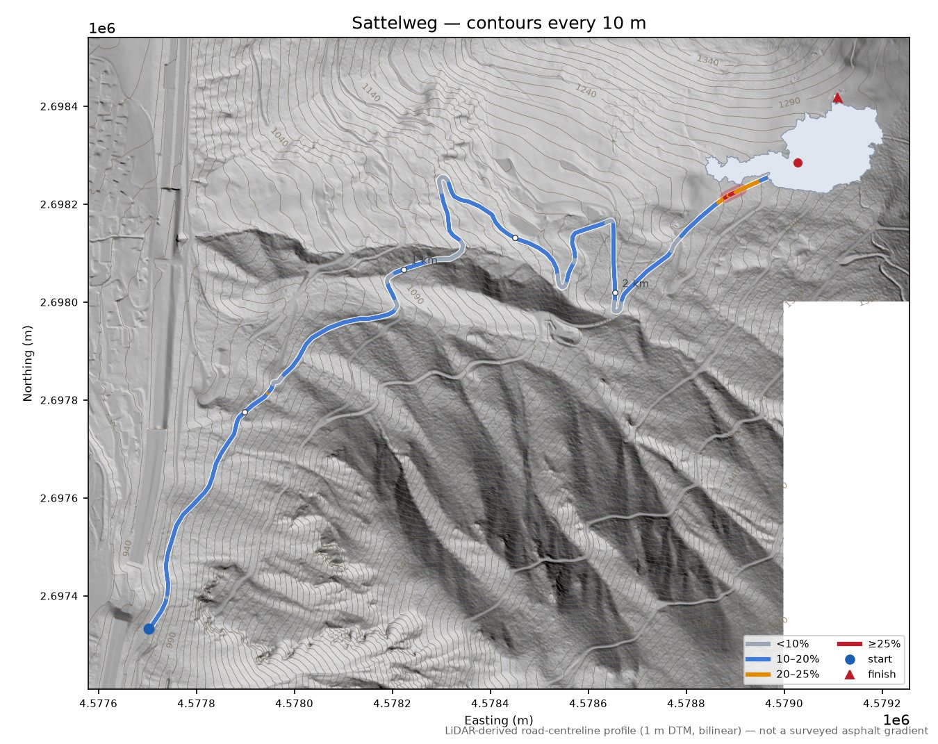 Sattelweg LiDAR hillshade map with contours
