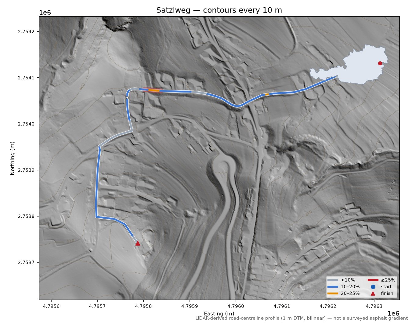 Satzlweg LiDAR hillshade map with contours