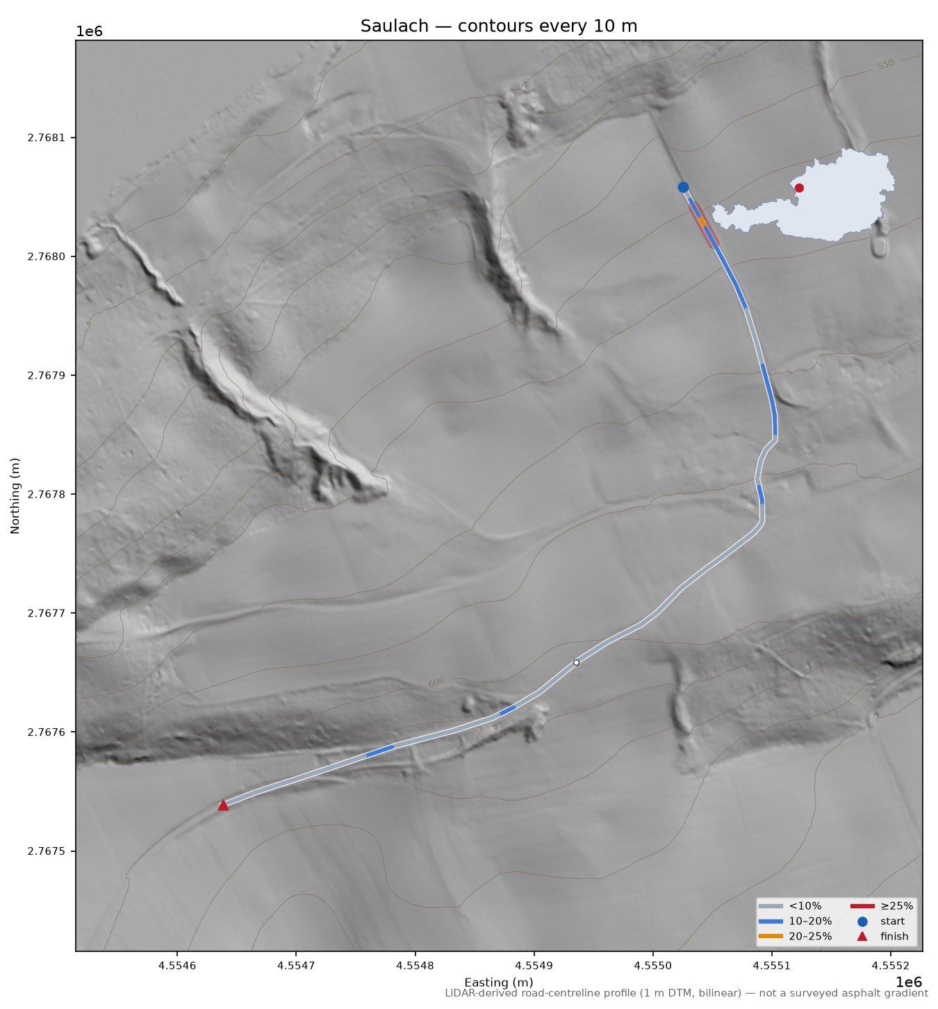 Saulach LiDAR hillshade map with contours
