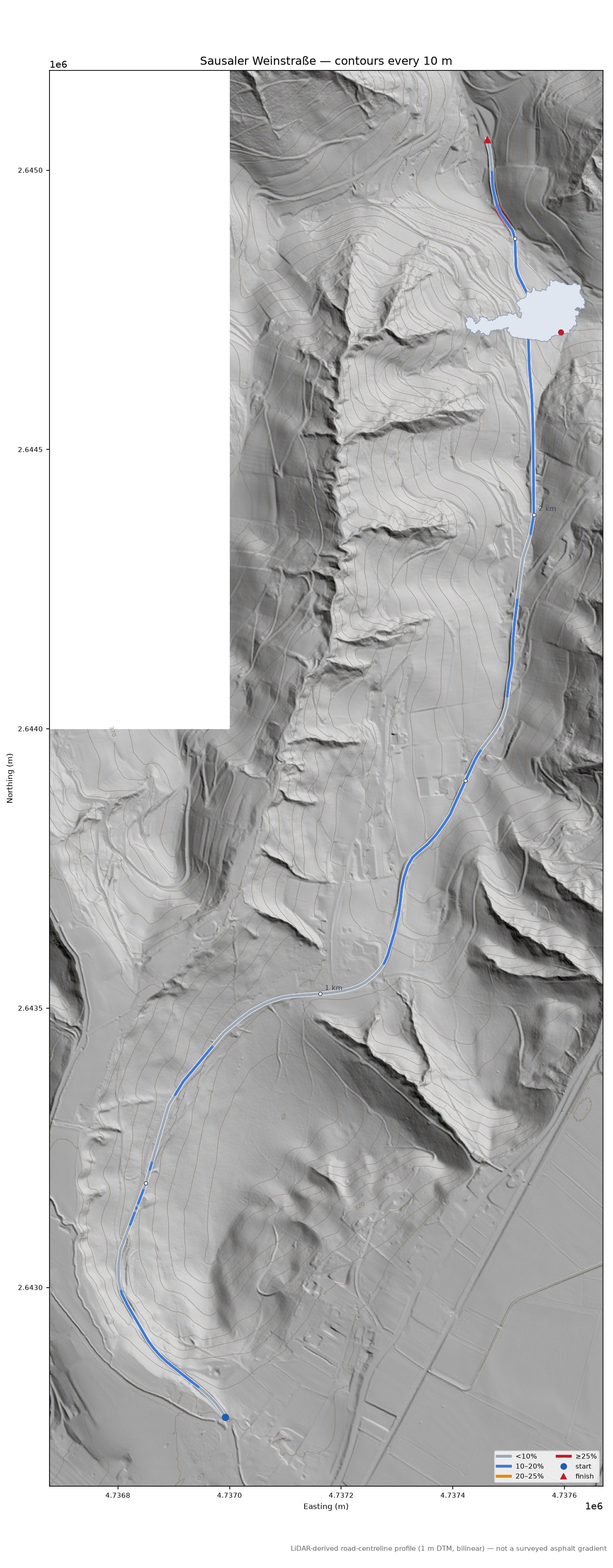 Sausaler Weinstraße LiDAR hillshade map with contours