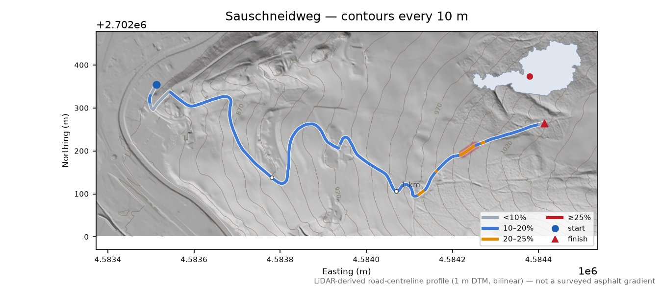 Sauschneidweg LiDAR hillshade map with contours