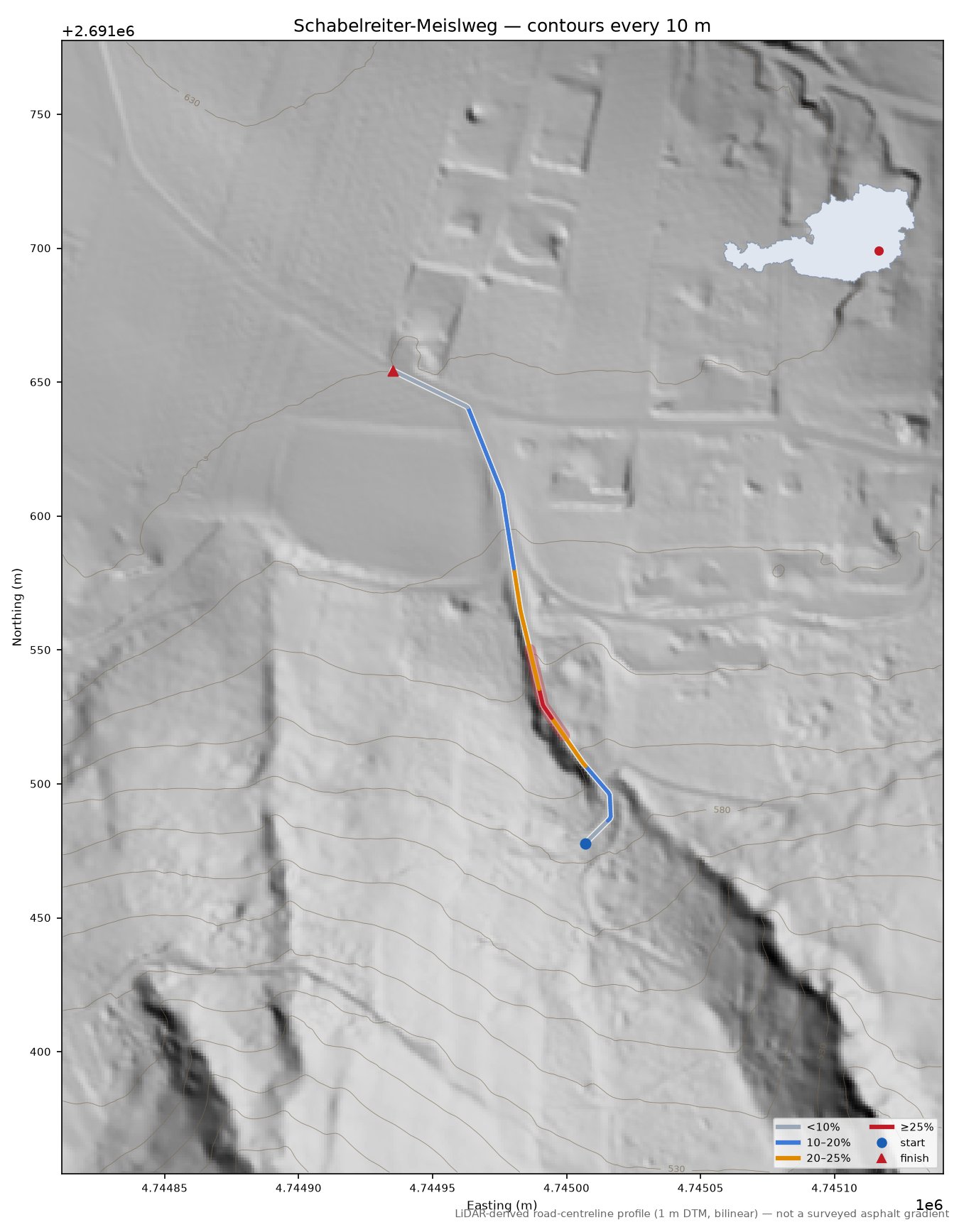 Schabelreiter-Meislweg LiDAR hillshade map with contours