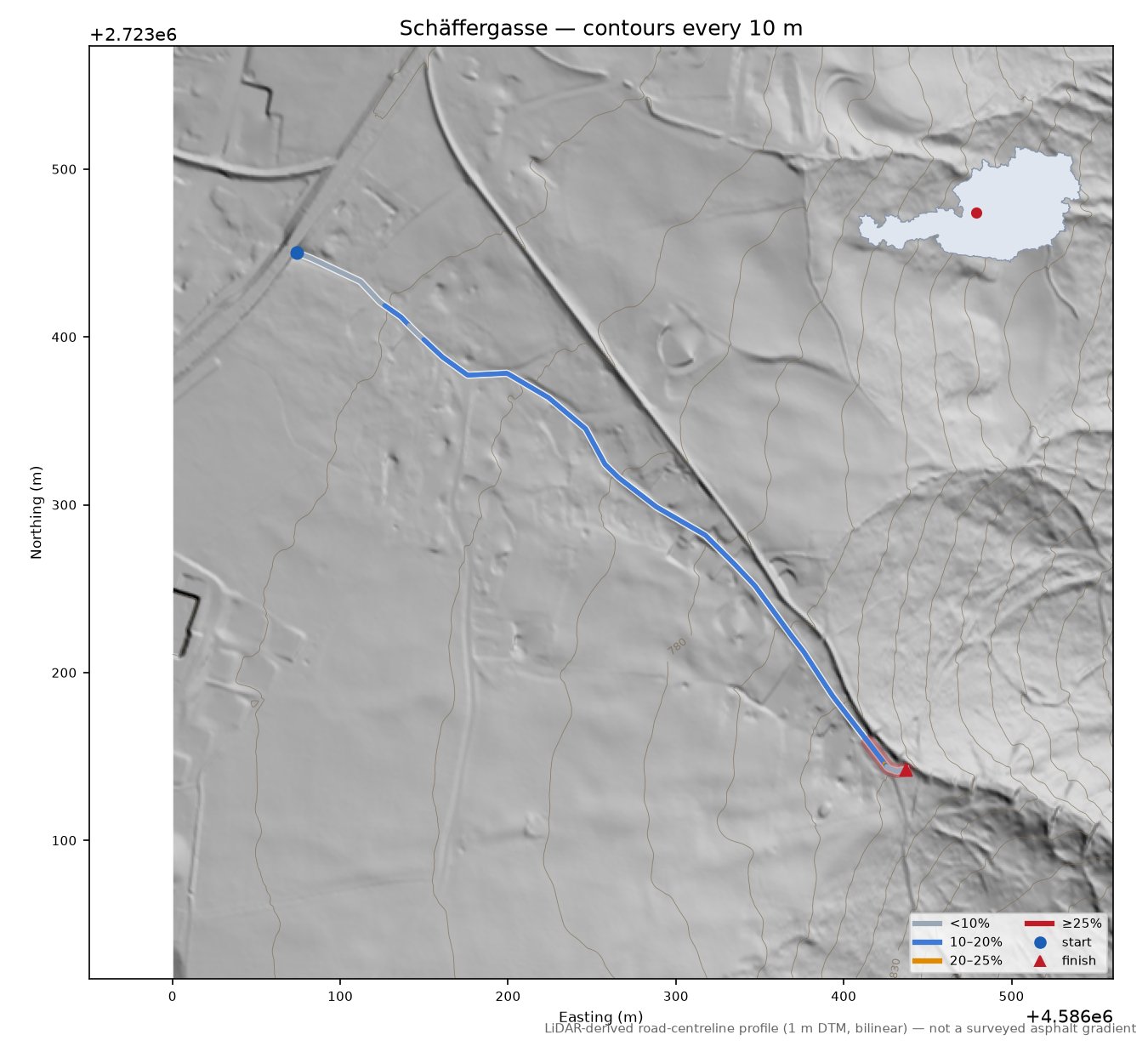 Schäffergasse LiDAR hillshade map with contours