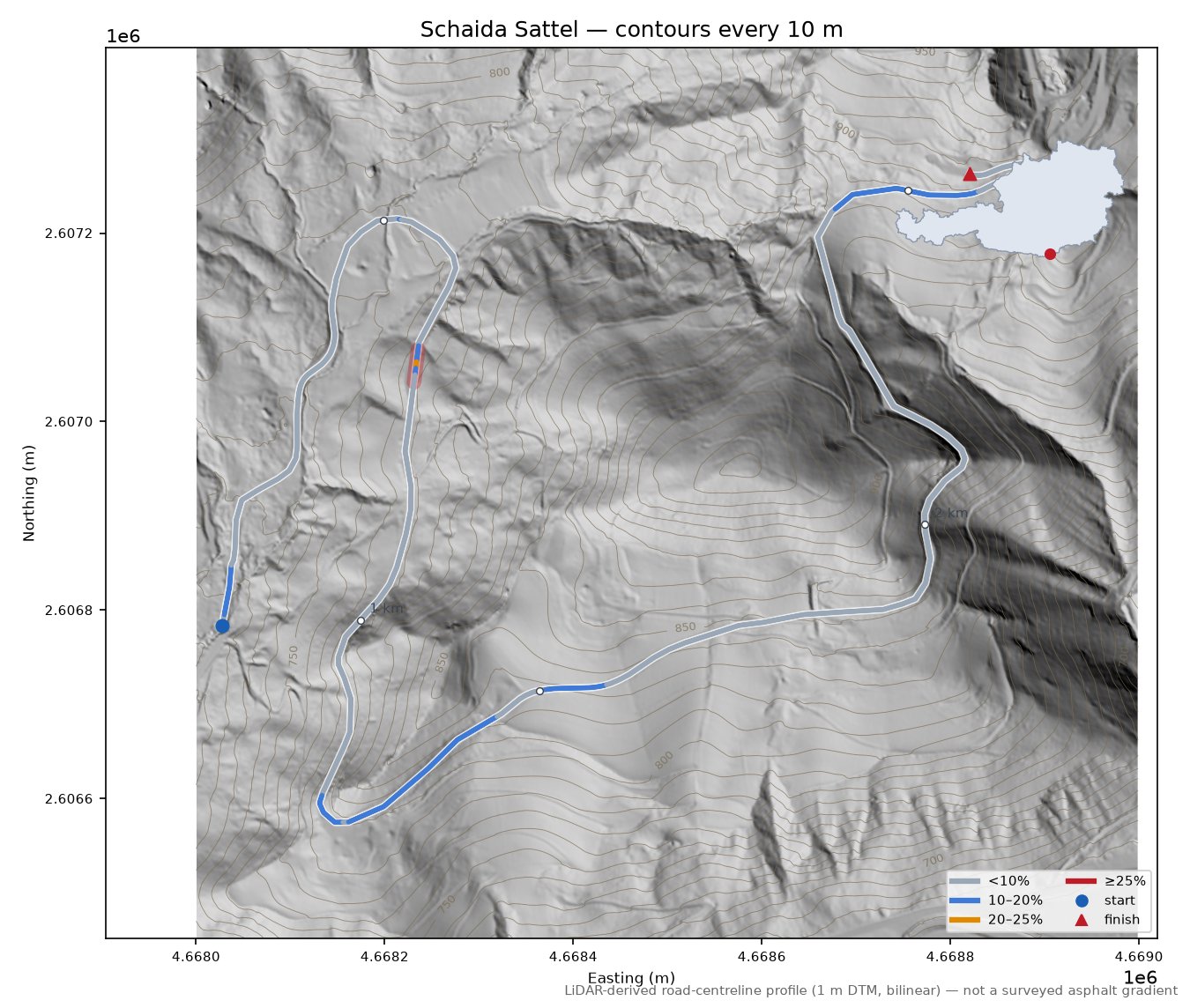 Schaida Sattel LiDAR hillshade map with contours