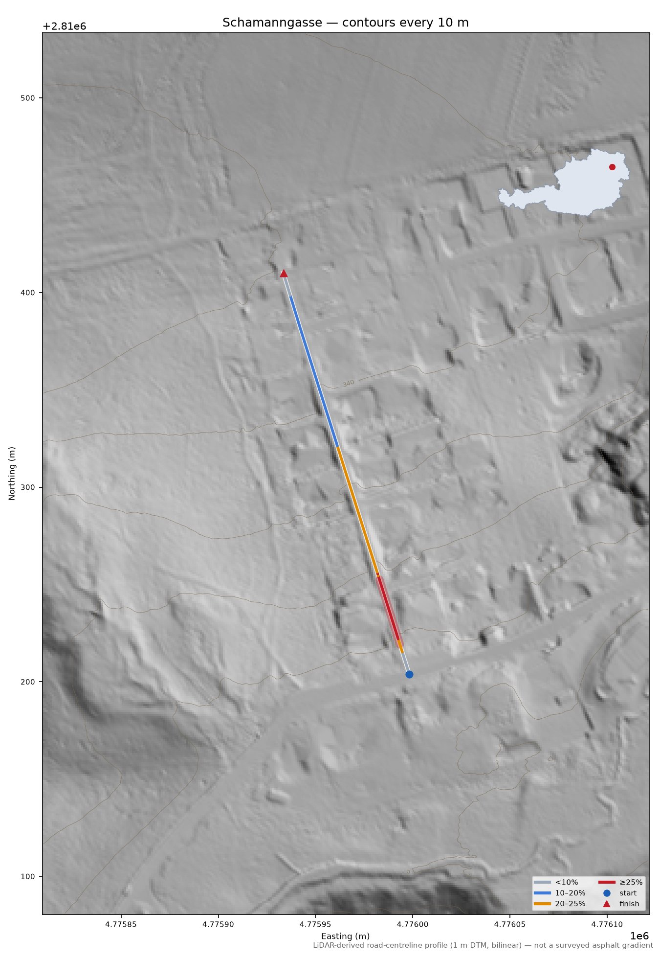Schamanngasse LiDAR hillshade map with contours
