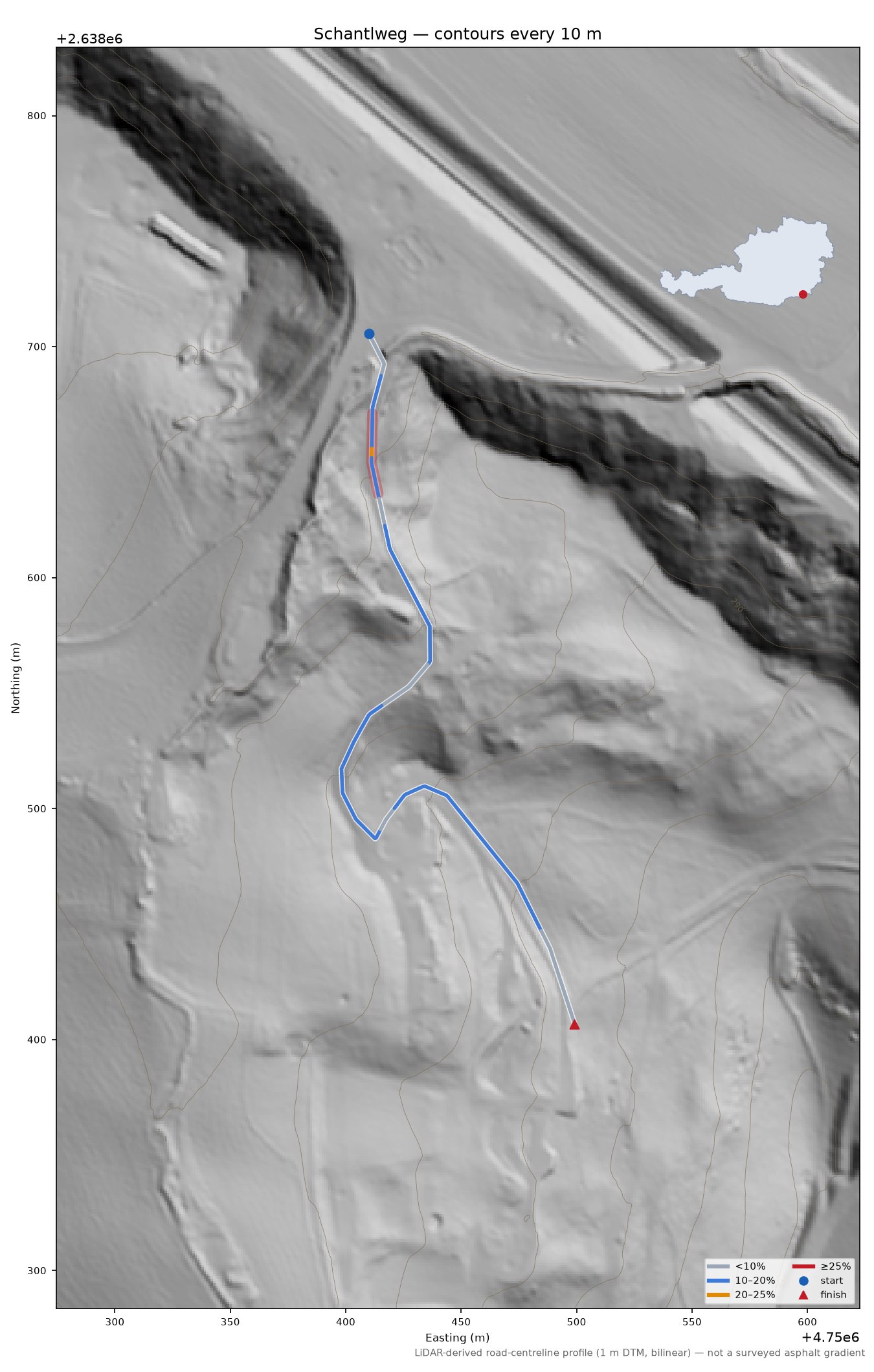 Schantlweg LiDAR hillshade map with contours