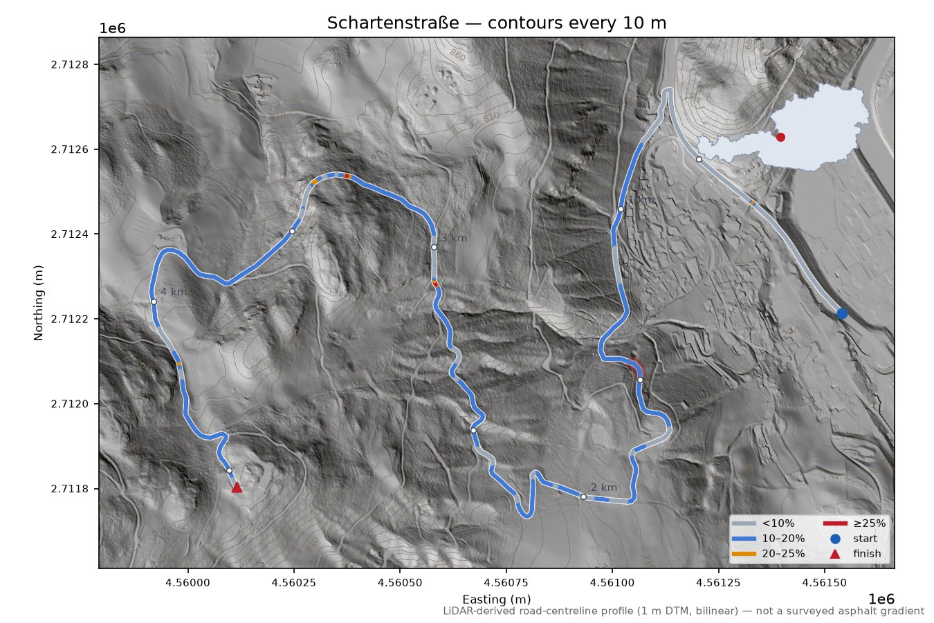 Schartenstraße LiDAR hillshade map with contours