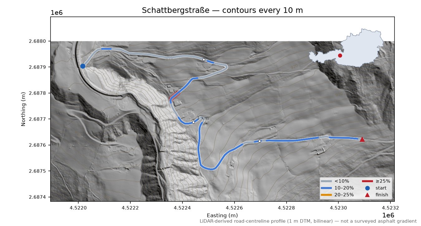 Schattbergstraße LiDAR hillshade map with contours