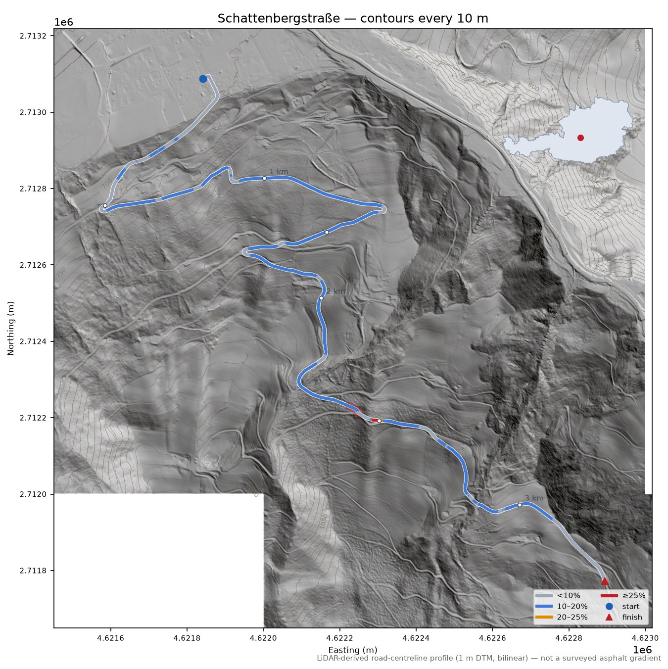 Schattenbergstraße LiDAR hillshade map with contours