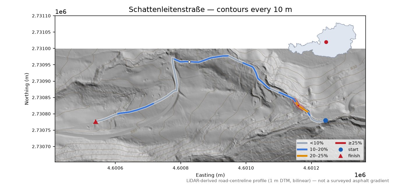 Schattenleitenstraße LiDAR hillshade map with contours