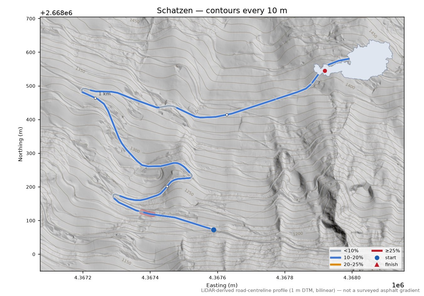 Schatzen LiDAR hillshade map with contours