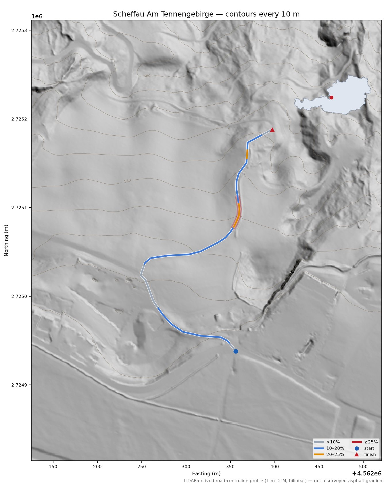 Scheffau Am Tennengebirge LiDAR hillshade map with contours