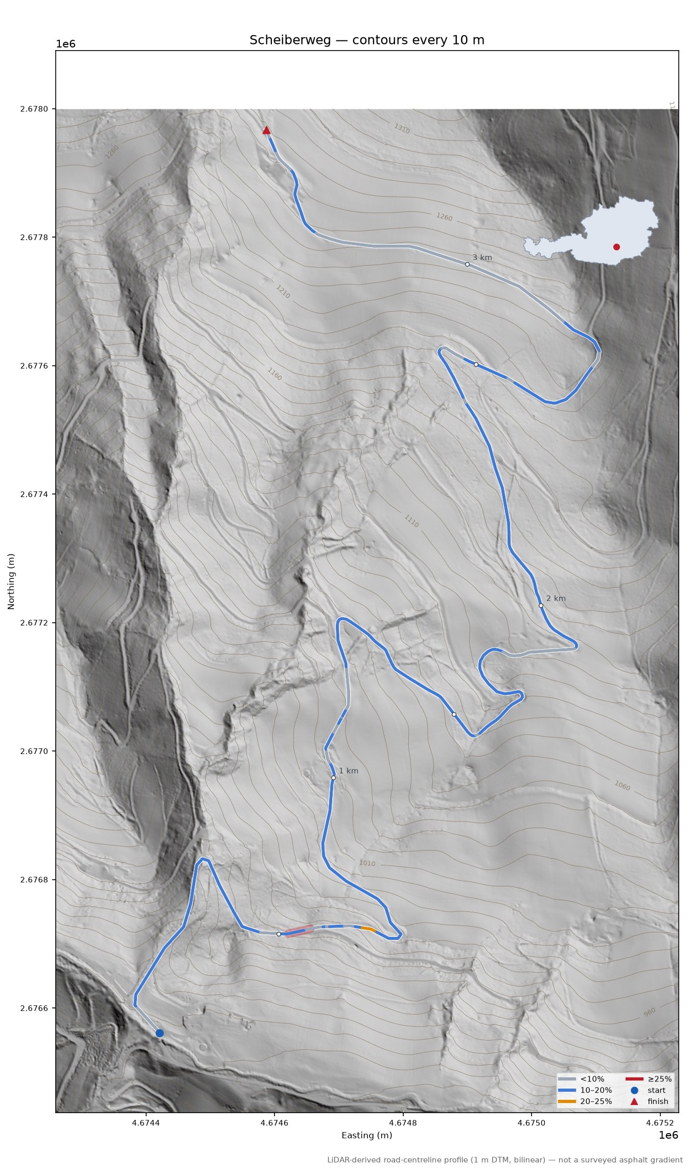 Scheiberweg LiDAR hillshade map with contours