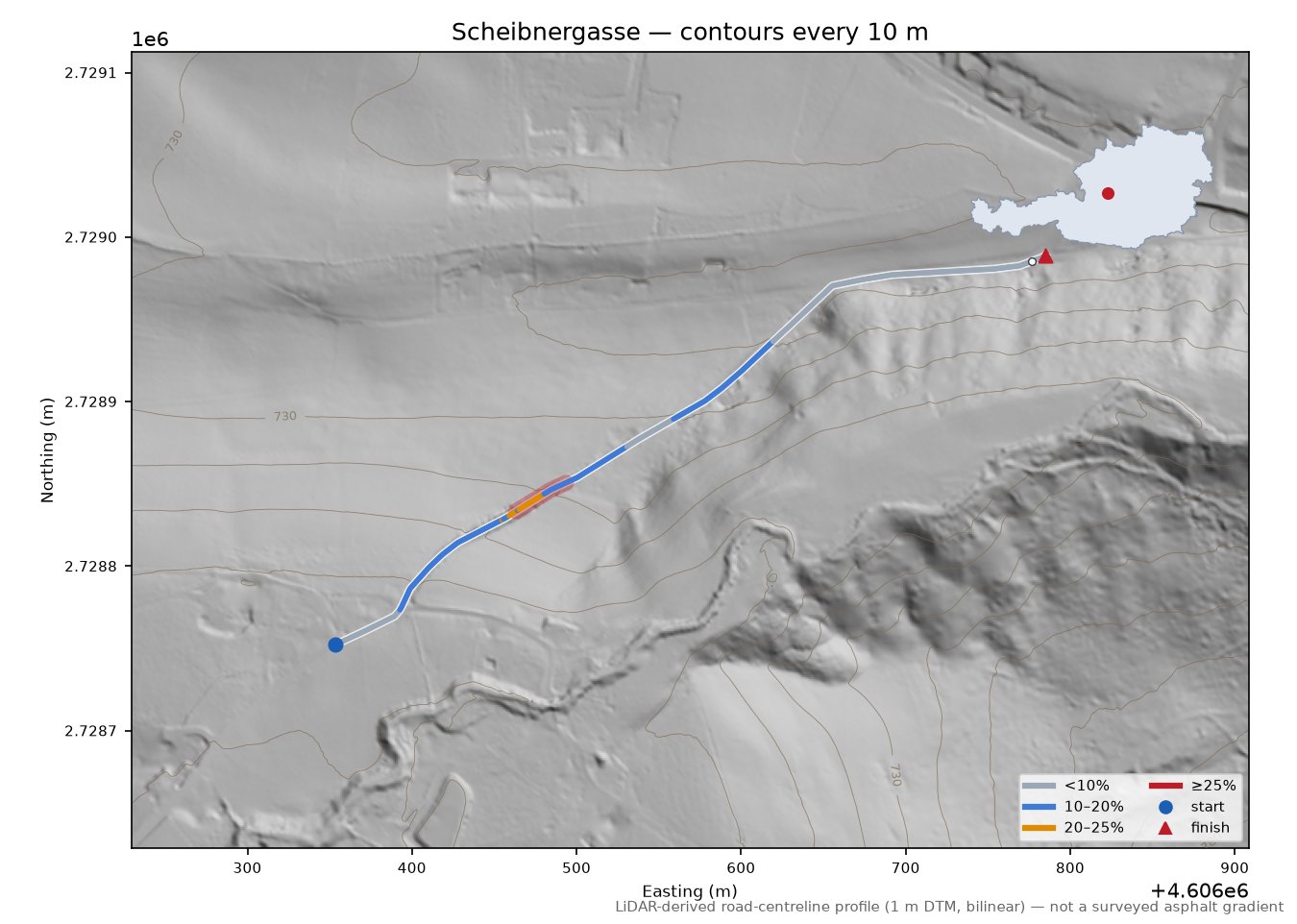 Scheibnergasse LiDAR hillshade map with contours