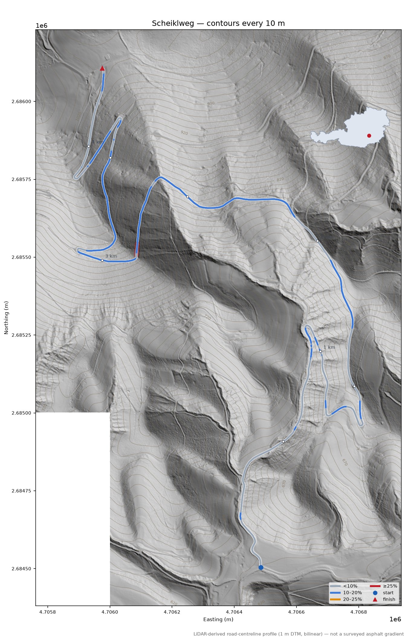 Scheiklweg LiDAR hillshade map with contours