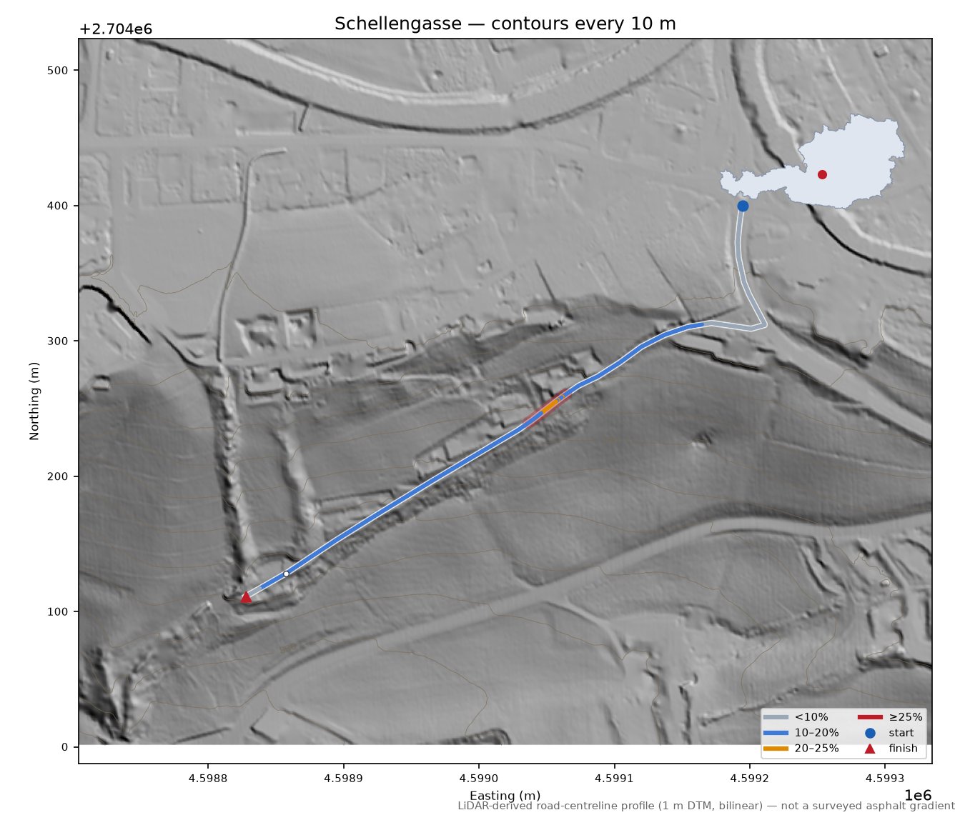 Schellengasse LiDAR hillshade map with contours