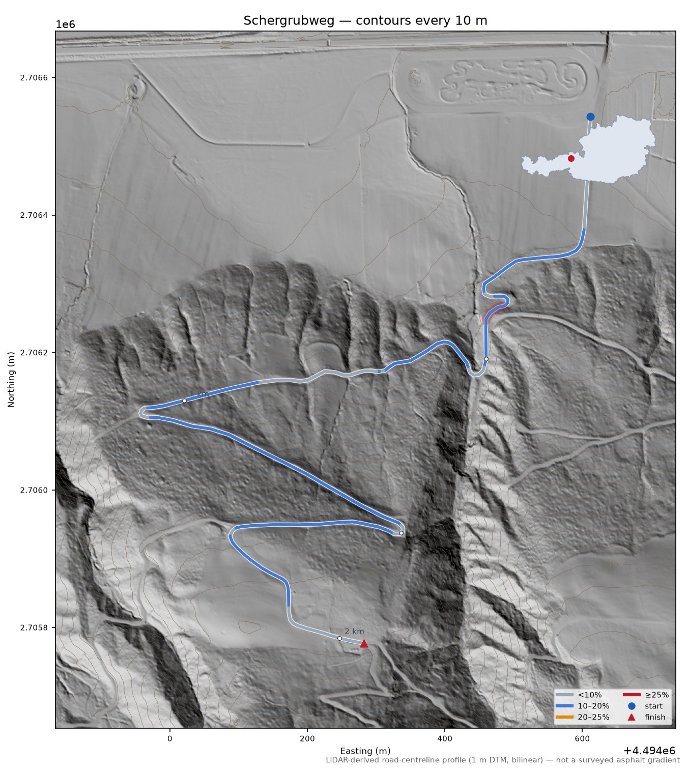 Schergrubweg LiDAR hillshade map with contours