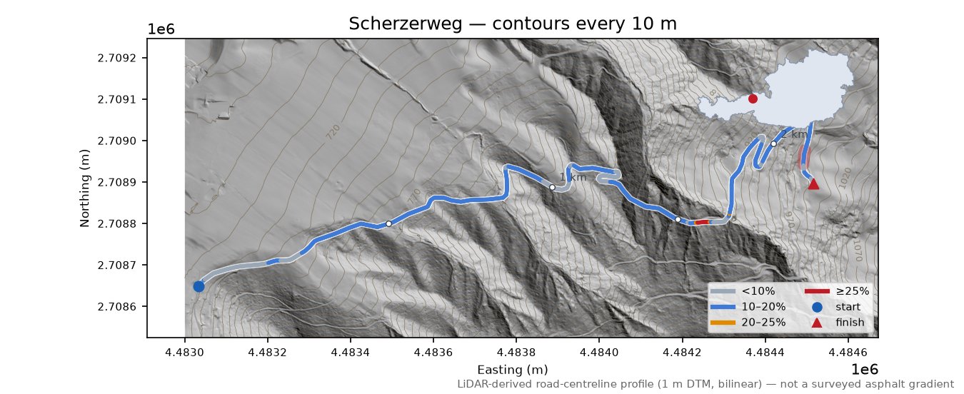 Scherzerweg LiDAR hillshade map with contours