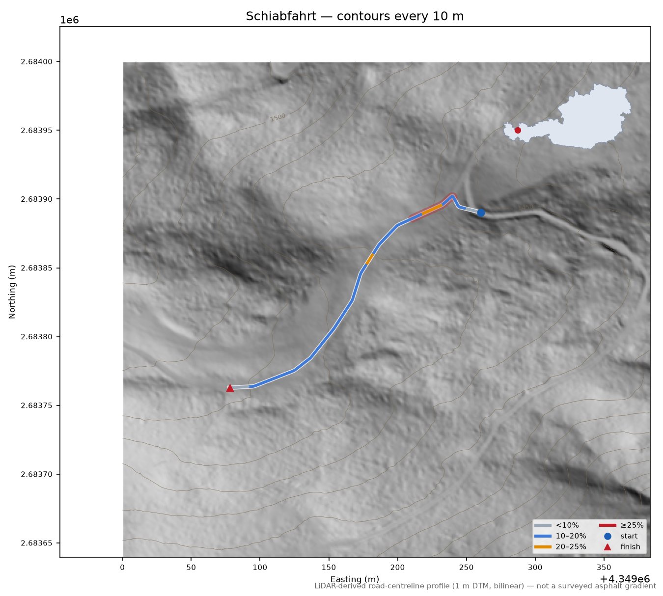 Schiabfahrt LiDAR hillshade map with contours