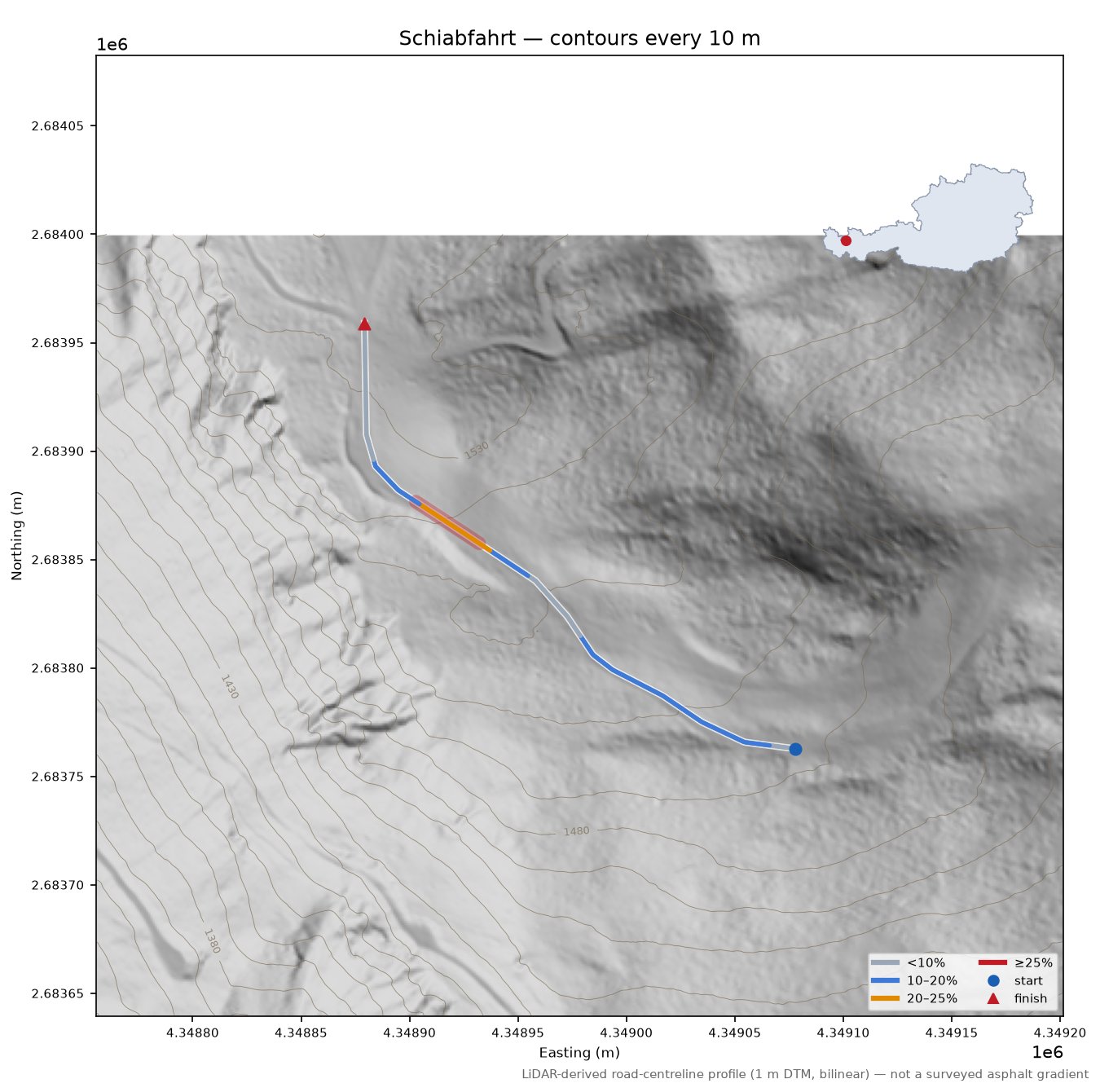 Schiabfahrt LiDAR hillshade map with contours