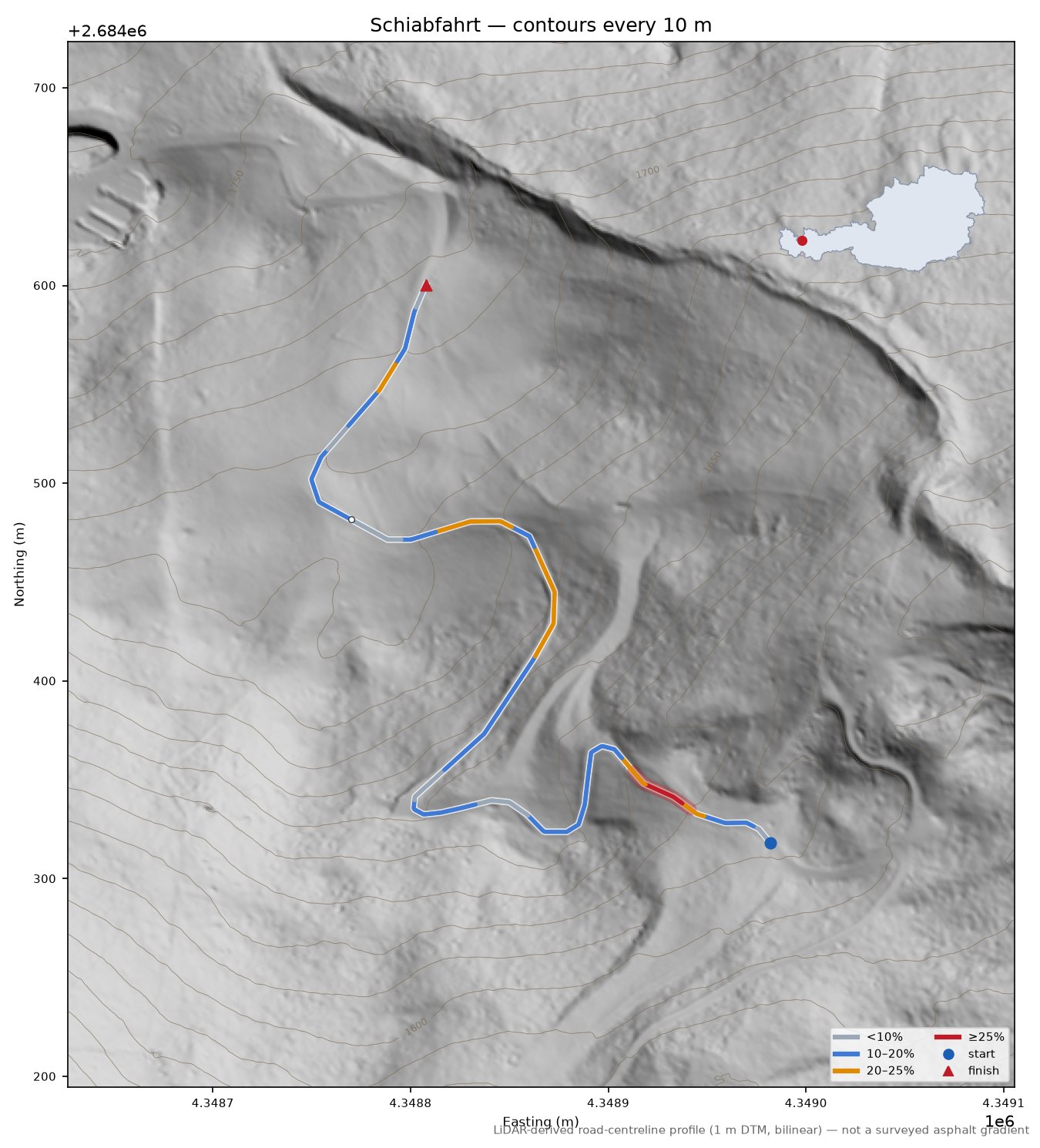 Schiabfahrt LiDAR hillshade map with contours