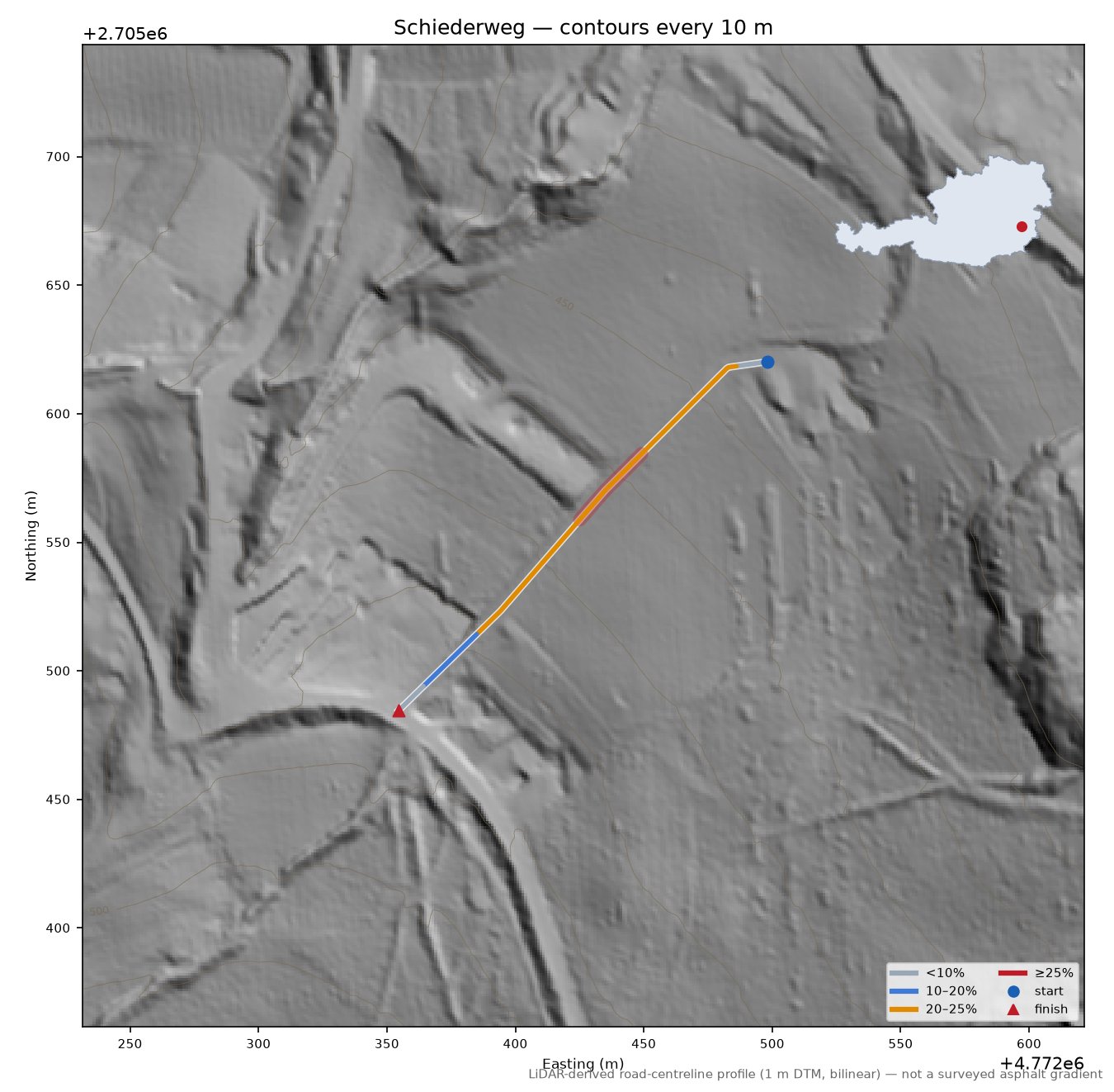 Schiederweg LiDAR hillshade map with contours