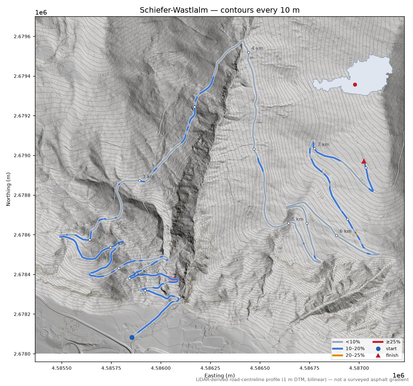 Schiefer-Wastlalm LiDAR hillshade map with contours