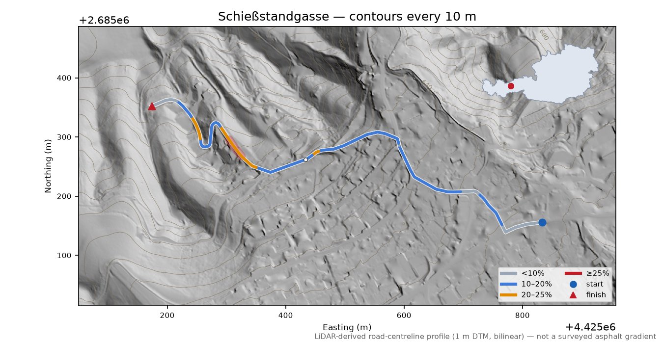 Schießstandgasse LiDAR hillshade map with contours