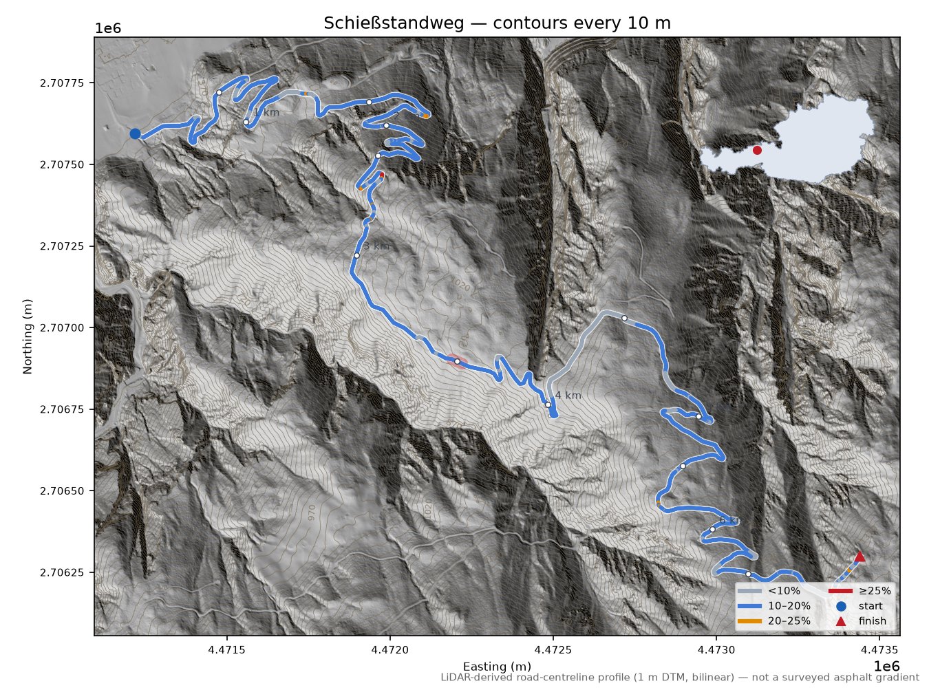 Schießstandweg LiDAR hillshade map with contours