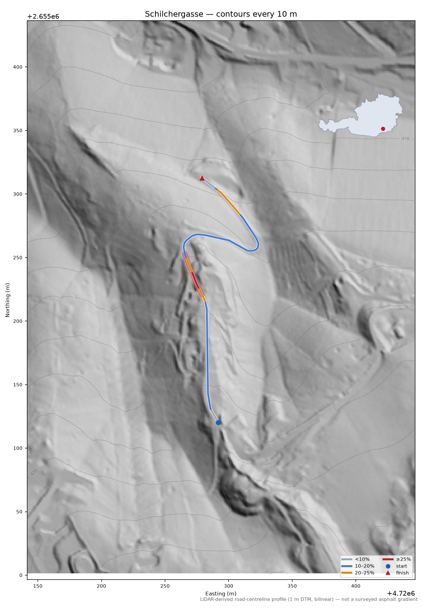 Schilchergasse LiDAR hillshade map with contours